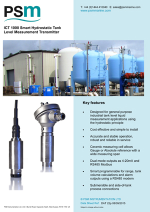 ICT 1000 Smart Hydrostatic Tank Level Measurement Transmitter Datasheet - PDF